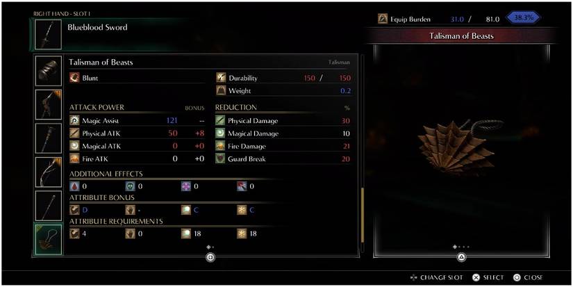 Demon's Souls talisman of beasts stats