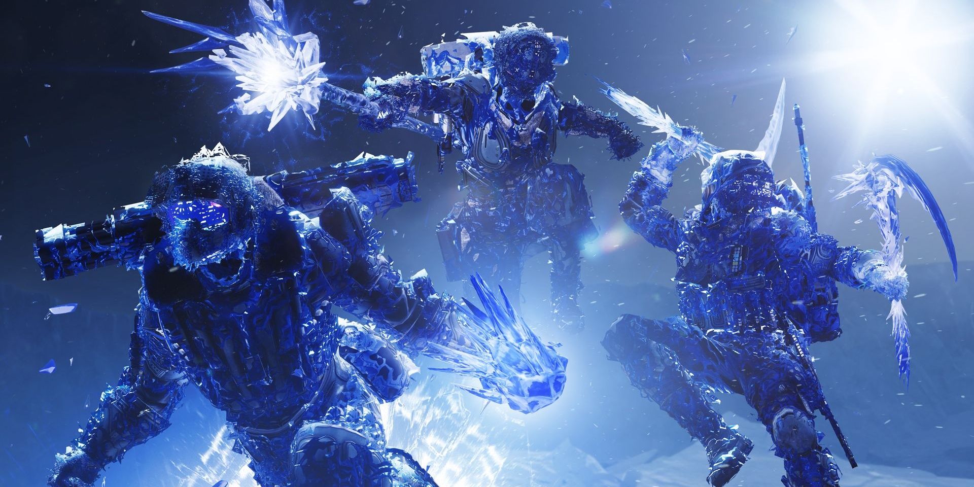 Destiny 2 Beyond Light Stasis Guardians Hunter, Titan, and Warlock Battle Poses