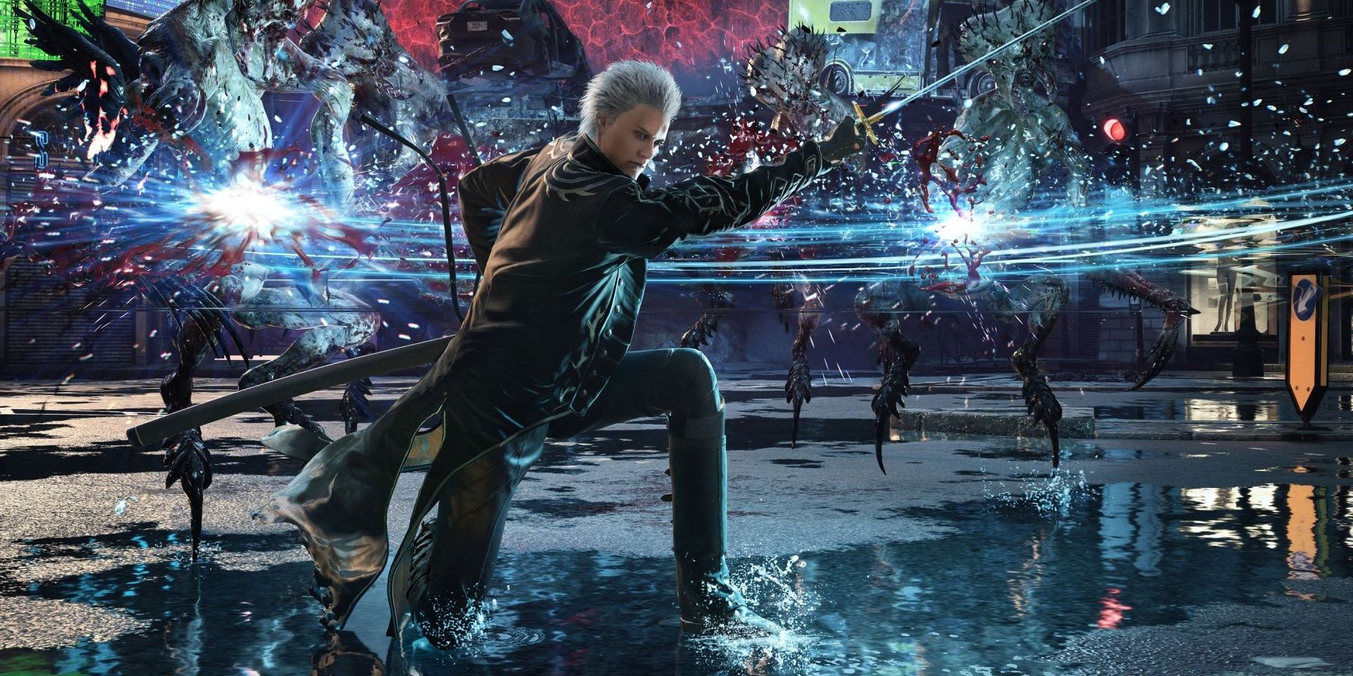 Vergil swinging a sword in Devil May Cry 5