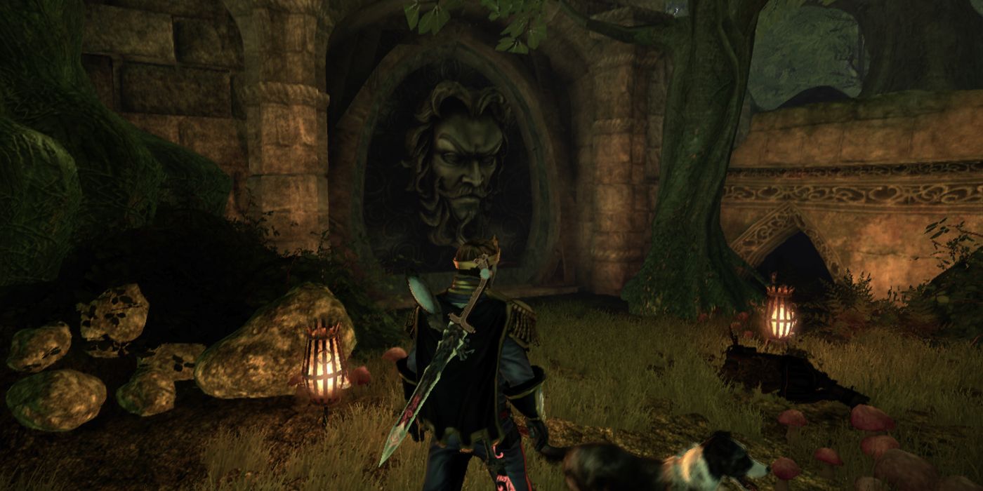 Screenshot Fable 3 of Protagonist Looking At Sunset House Demon Door