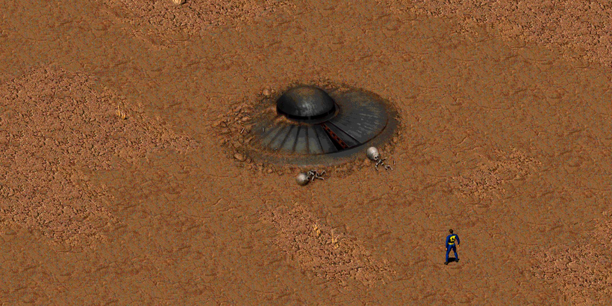 circular alien ship with two alien skeleton near it in the desert of fallout