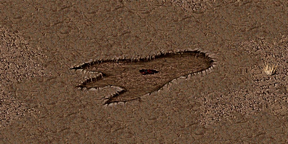 three toe footprint of a huge creature with human remains in the center. In the dirt of the wasteland in the first fallout game.