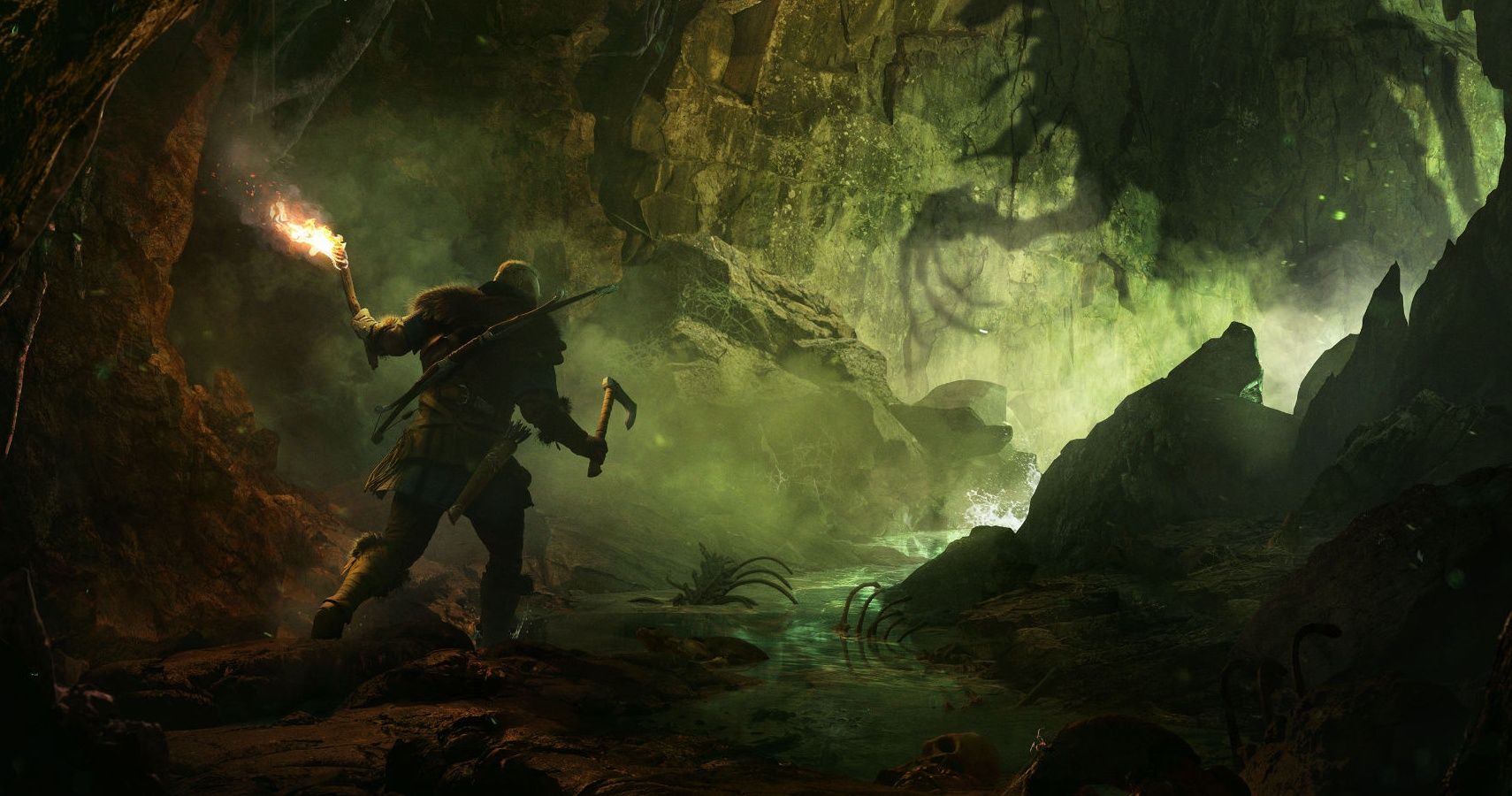 Eivor exploring a creepy greenish cave