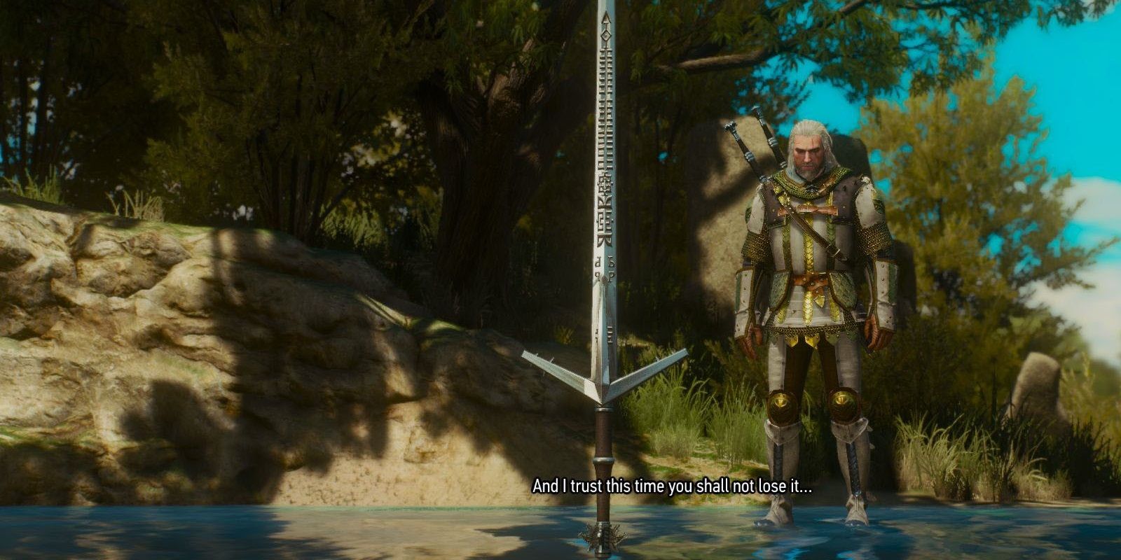 Aerondight Sword floats in mid air being gifted to Geralt