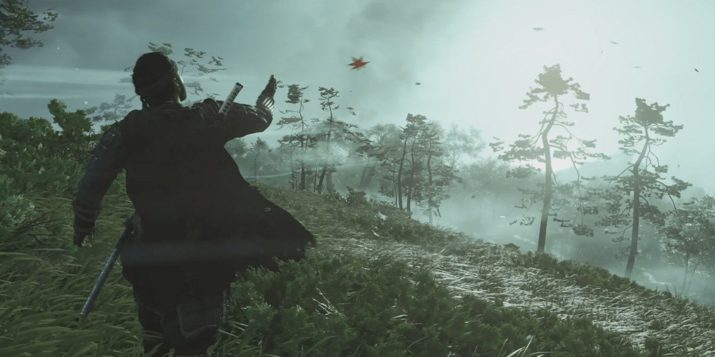 Ghost of Tsushima Jin touches a leaf in Ghost of Tsushima