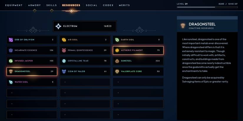 Godfall Inventory Menu of Resources