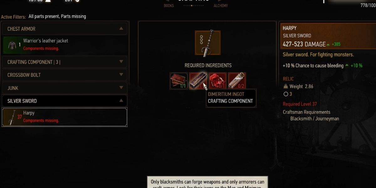 Materials shown that are required to craft Harpy Sword