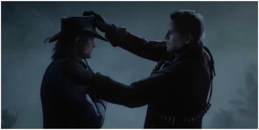 Arthur giving his hat to John Marston