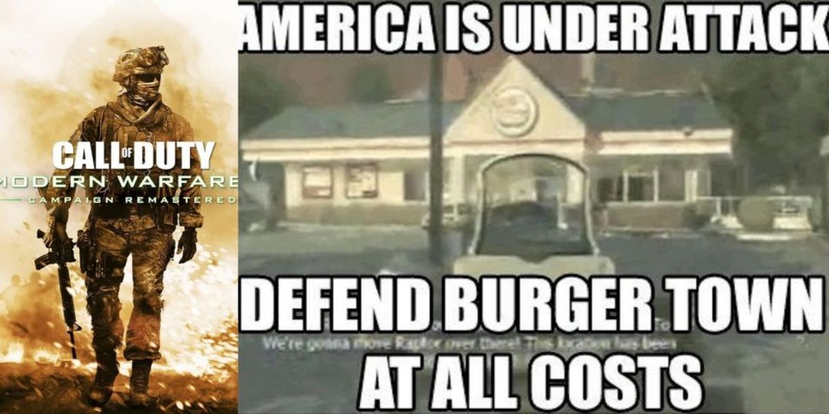 Image with the caption "America is under attack, defend burger town at all costs"