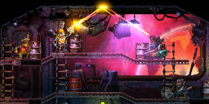 Steamworld Heist fighting enemy with shield