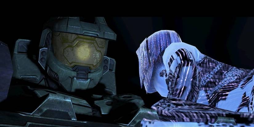 image of Master Chief talking to a Cortana hologram