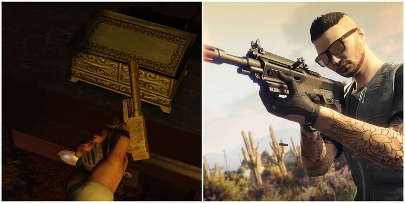 A player finding the Perico Pistol and a player holding the Military Rifle