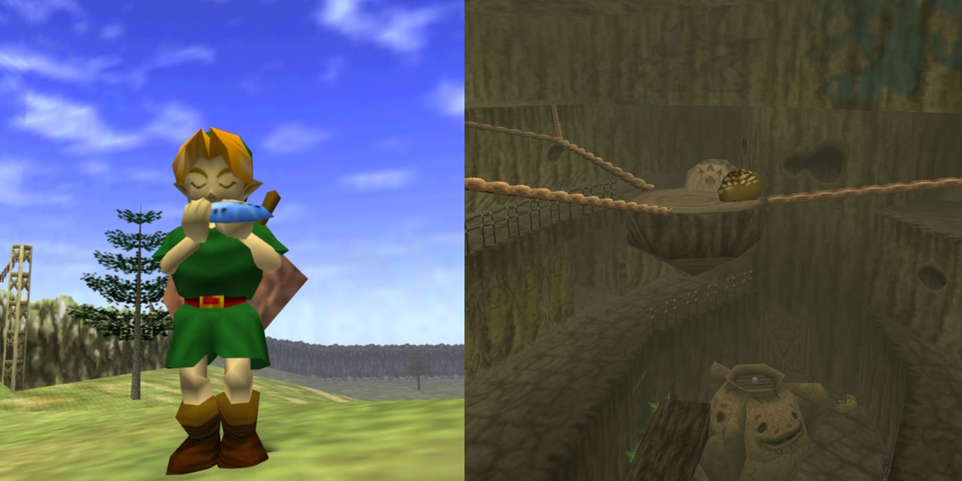 (Left) Link playing the Ocarina (Right) Goron City
