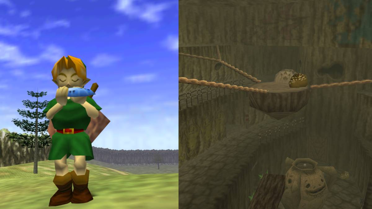 (Left) Link playing the Ocarina (Right) Goron City