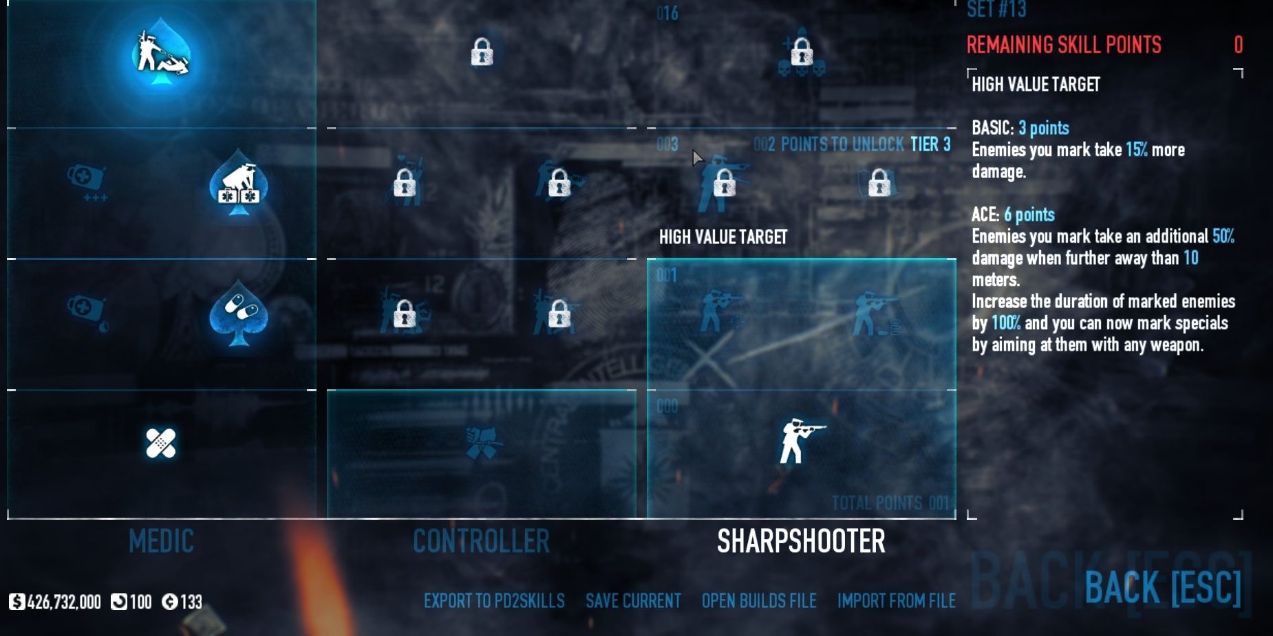 High Level Target selected on skill menu in Payday 2