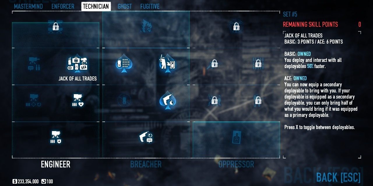 Technician Skill menu for Payday 2