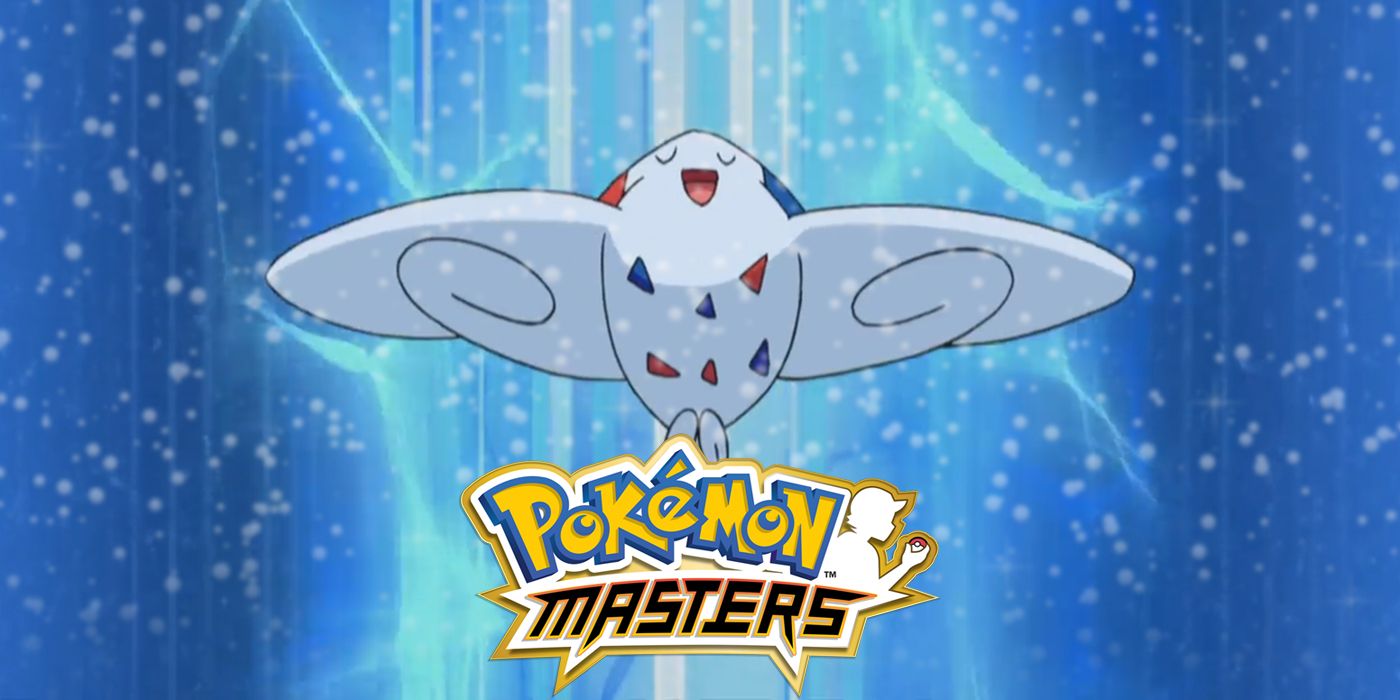 Togekiss Flying with the Pokémon Masters logo
