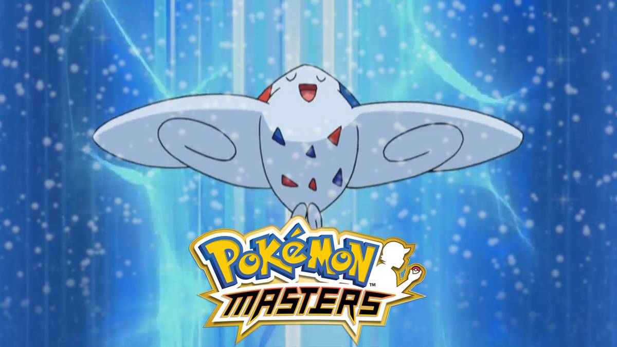 Togekiss Flying with the Pokémon Masters logo