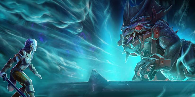 A woman with a sword fighting the giant dinosaur Raksha in Runescape 3