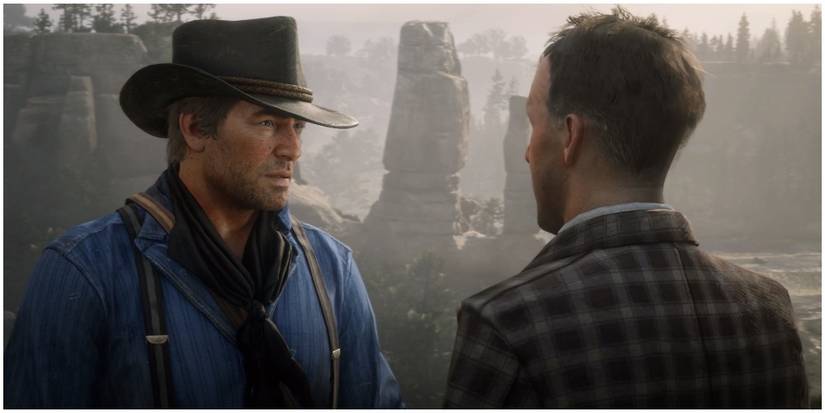 Arthur Morgan as he talks to Jimmy Brooks