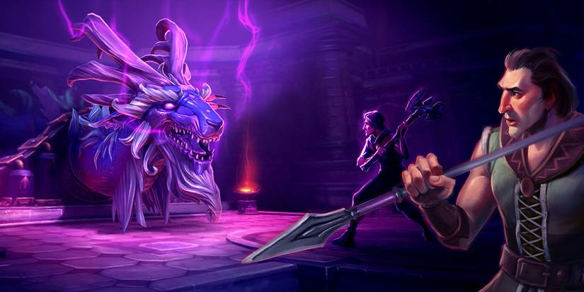 Two men fighting the ancient dragon Seiryu in its lair in Runescape 3