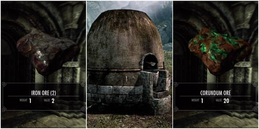 A smelter and Iron and Corundum Ore from Skyrim