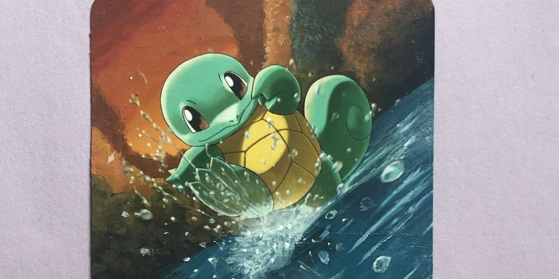 Squirtle Painted Pokémon Card Kicking Water Stream Rocks Закат
