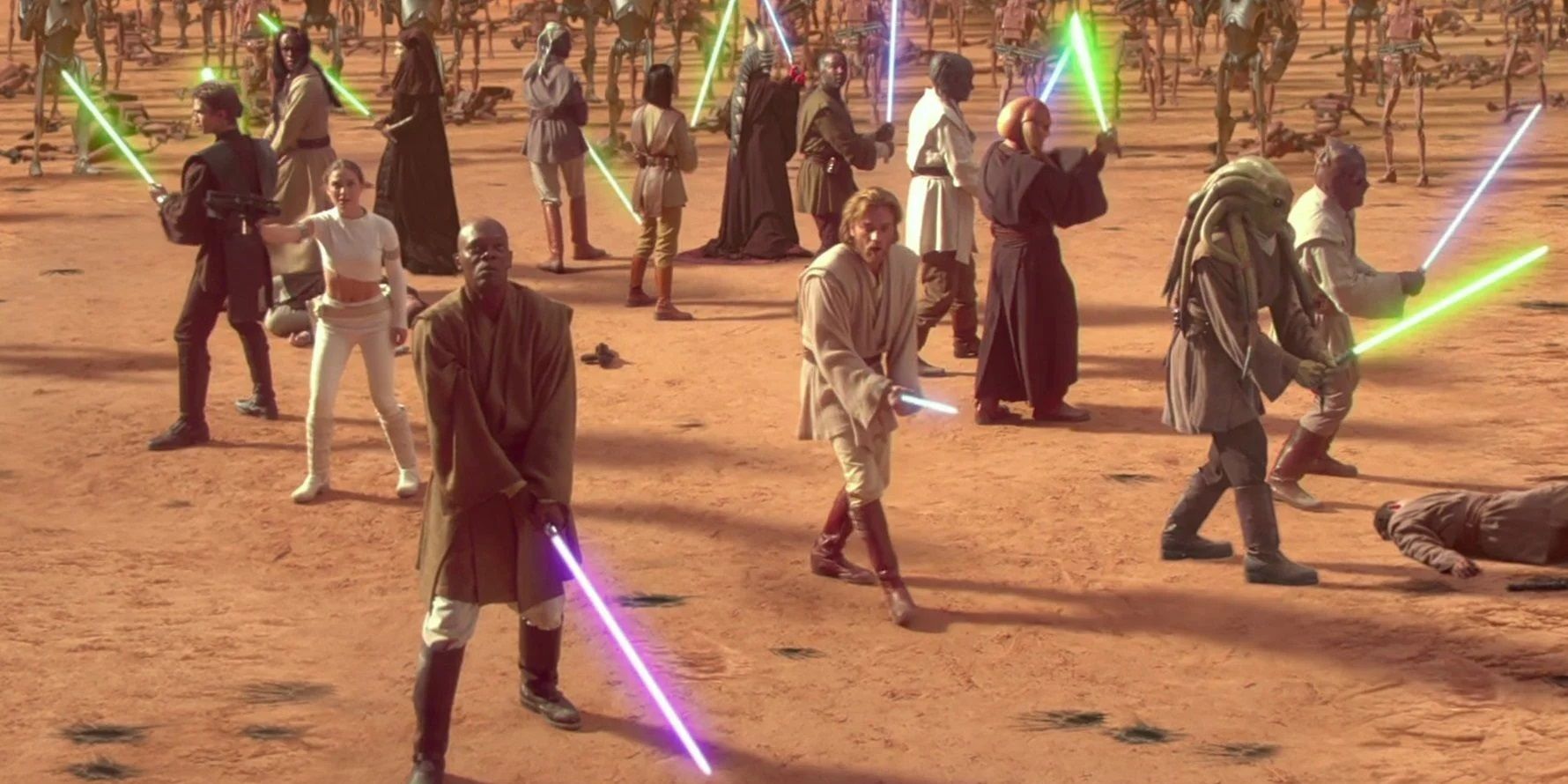 Star Wars Episode II Attack of the Clones jedi with lightsabers in desert arena