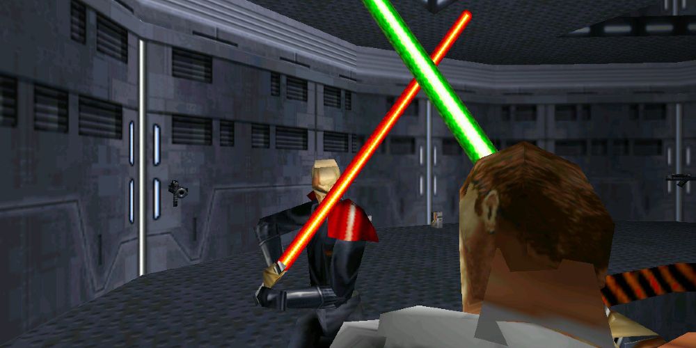 A lightsaber battle in Star Wars Jedi Knight Dark Forces 2