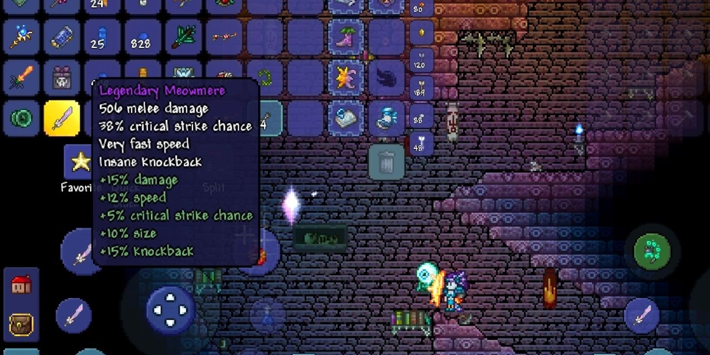 A list of stats for a Legendary Meowmere in Terraria