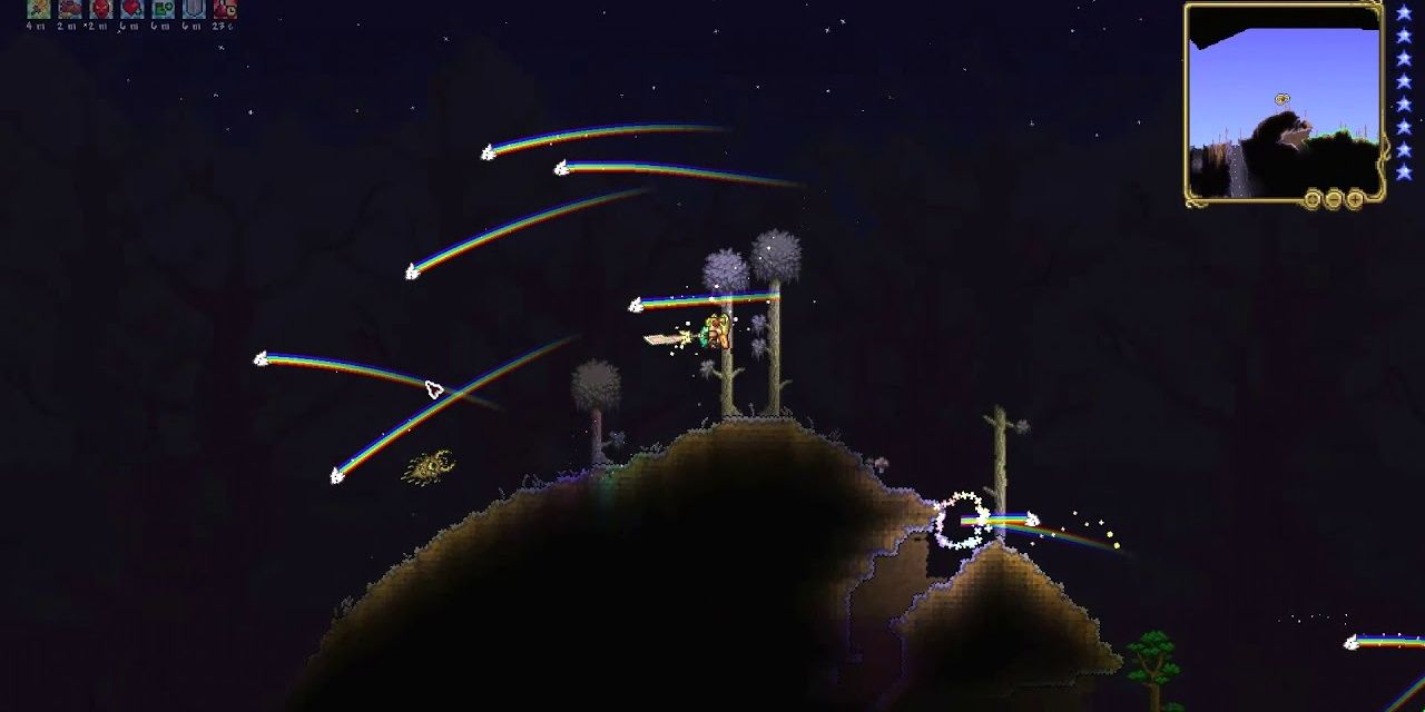 A Terraria player shooting a Meowmere in various directions