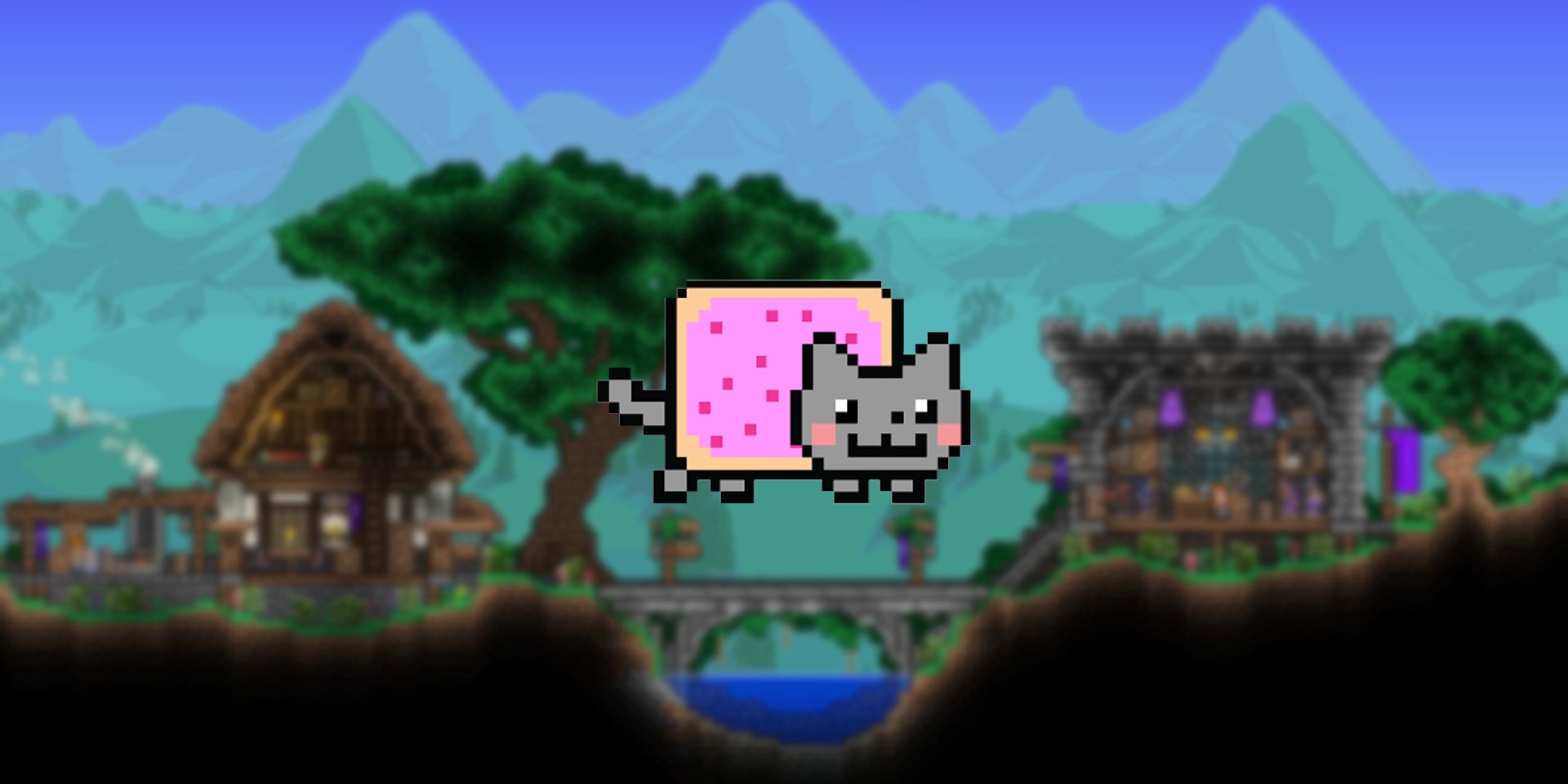 Nyan Cat, inspiration for Meowmere on a Terraria background