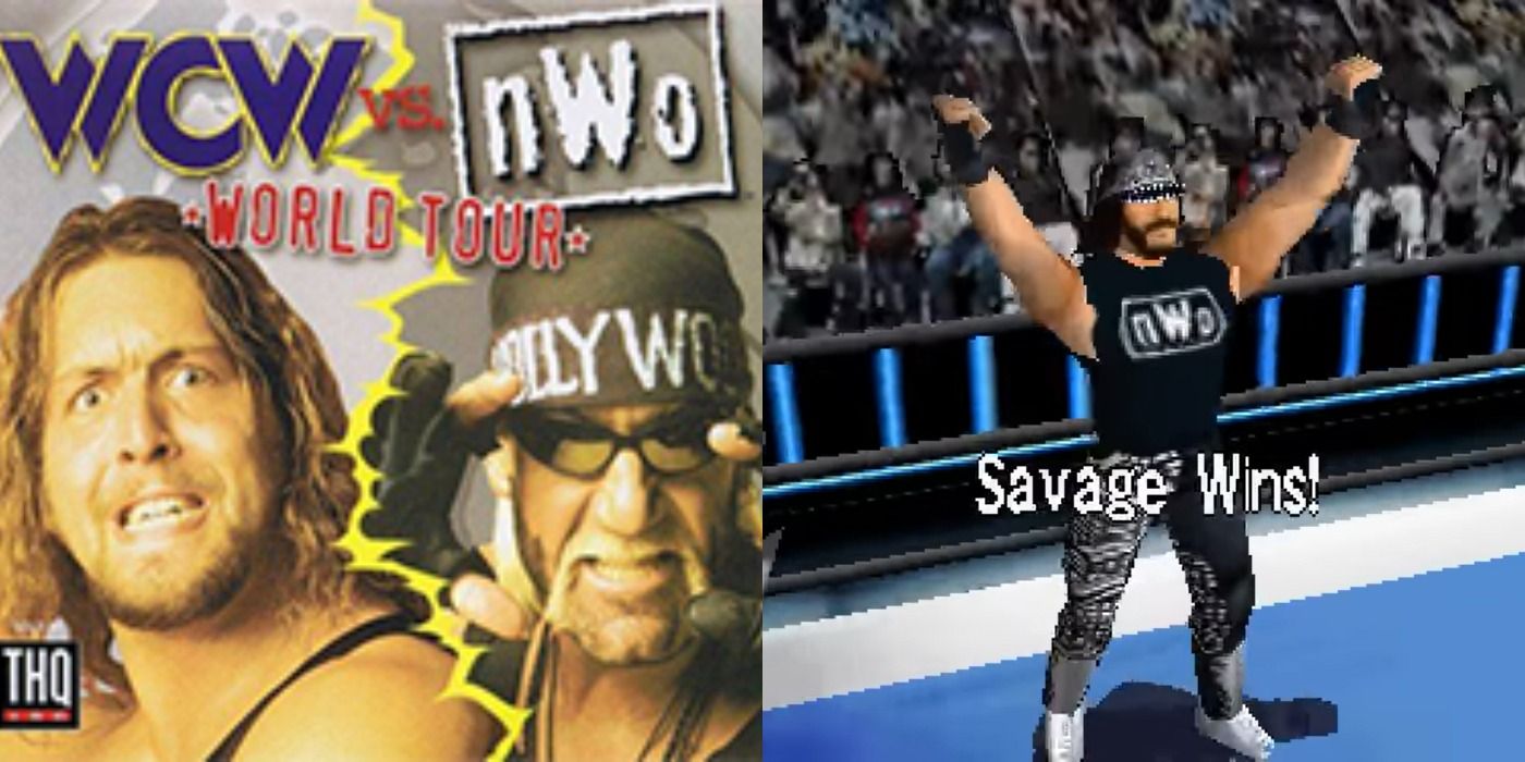 Разделенное изображение Обложка мирового тура WCW NWO и экран победы Рэнди Сэвиджа