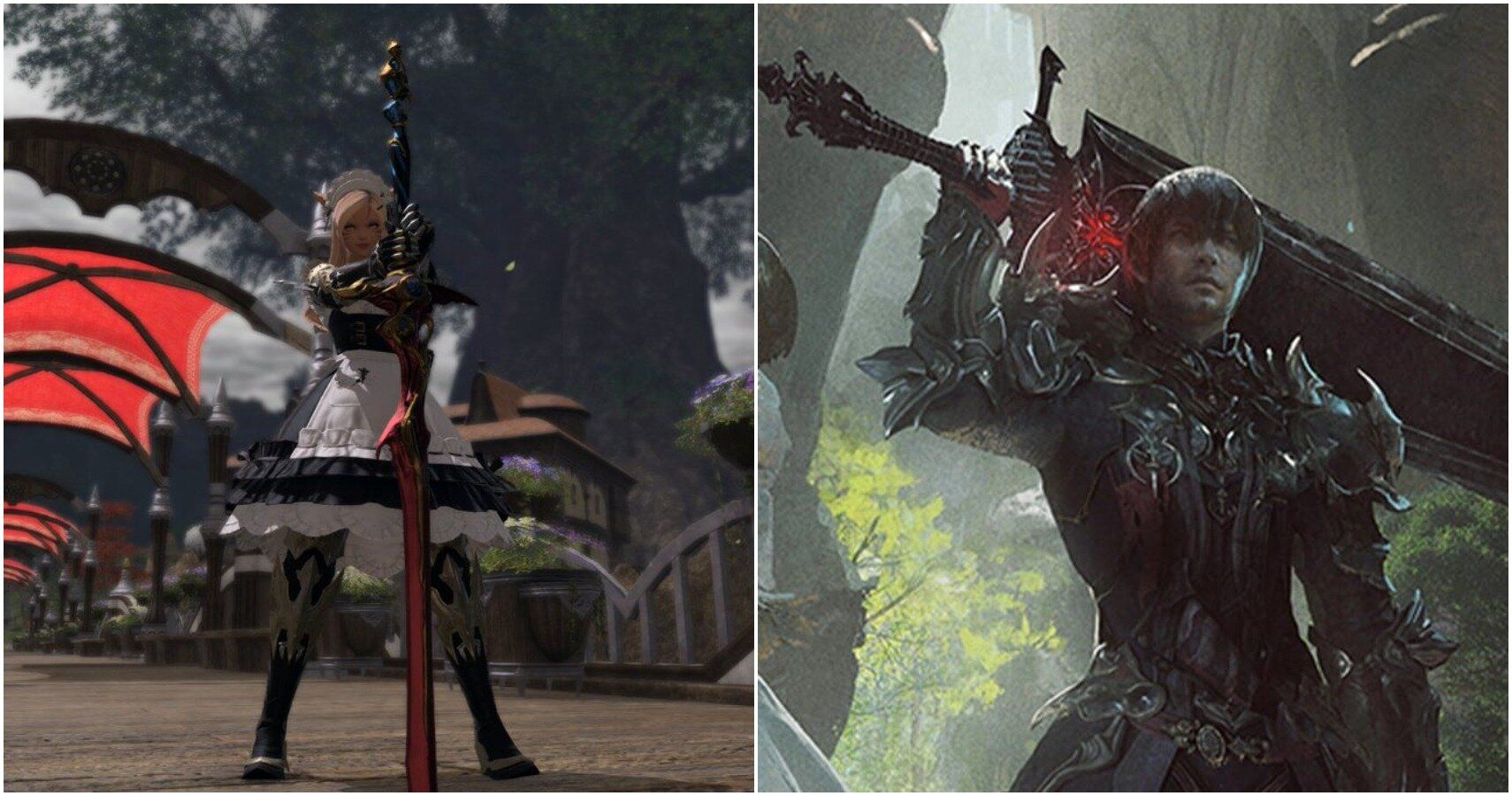 split image of player posing and warrior of light from patch poster