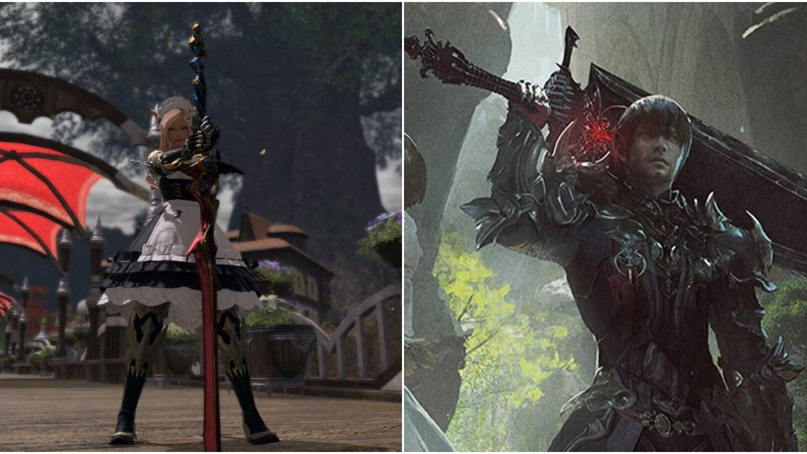 split image of player posing and warrior of light from patch poster
