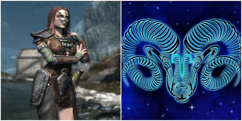 Aela the Huntress beside an Aries symbol