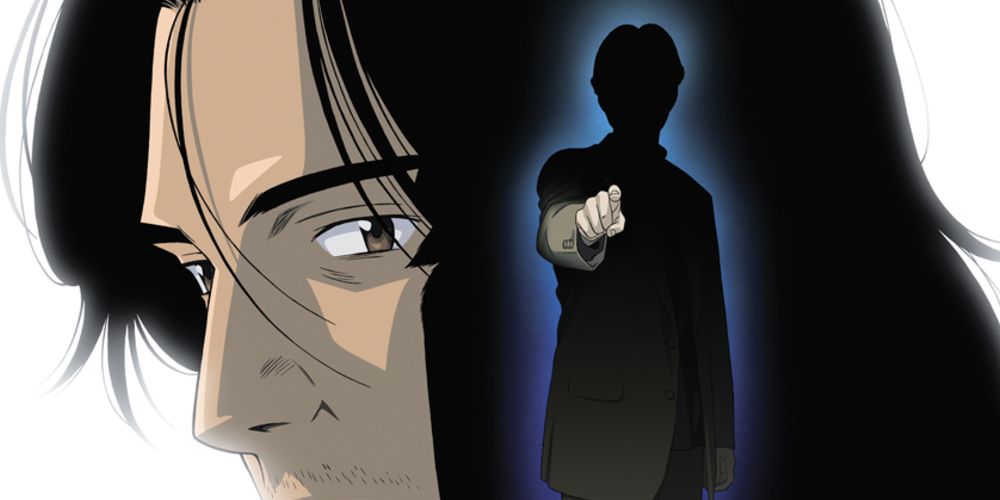 section of a poster for the 2004 anime monster depicting the protagonist's eyes and a spooky silhouette