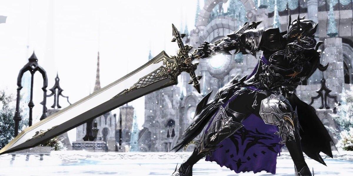 Au Ra man in snow with greatsword.