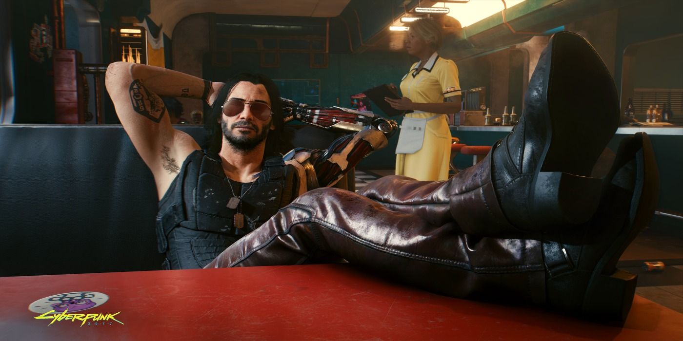cyberpunk 2077 johnny silver hand reclining at a diner booth