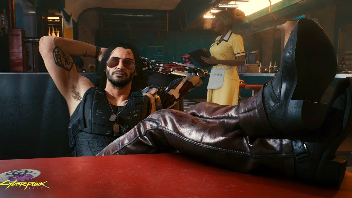 cyberpunk 2077 johnny silver hand reclining at a diner booth