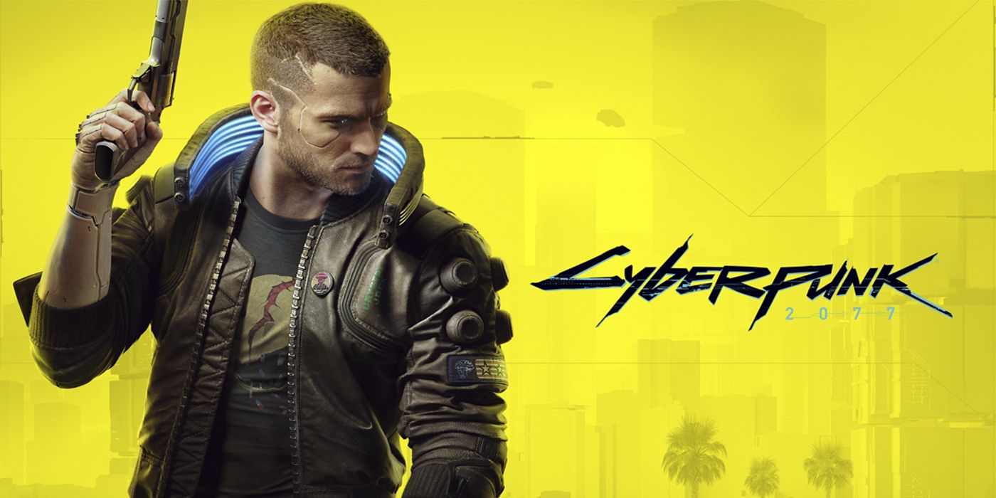 V stands next to the Cyberpunk 2077 logo over a yellow background