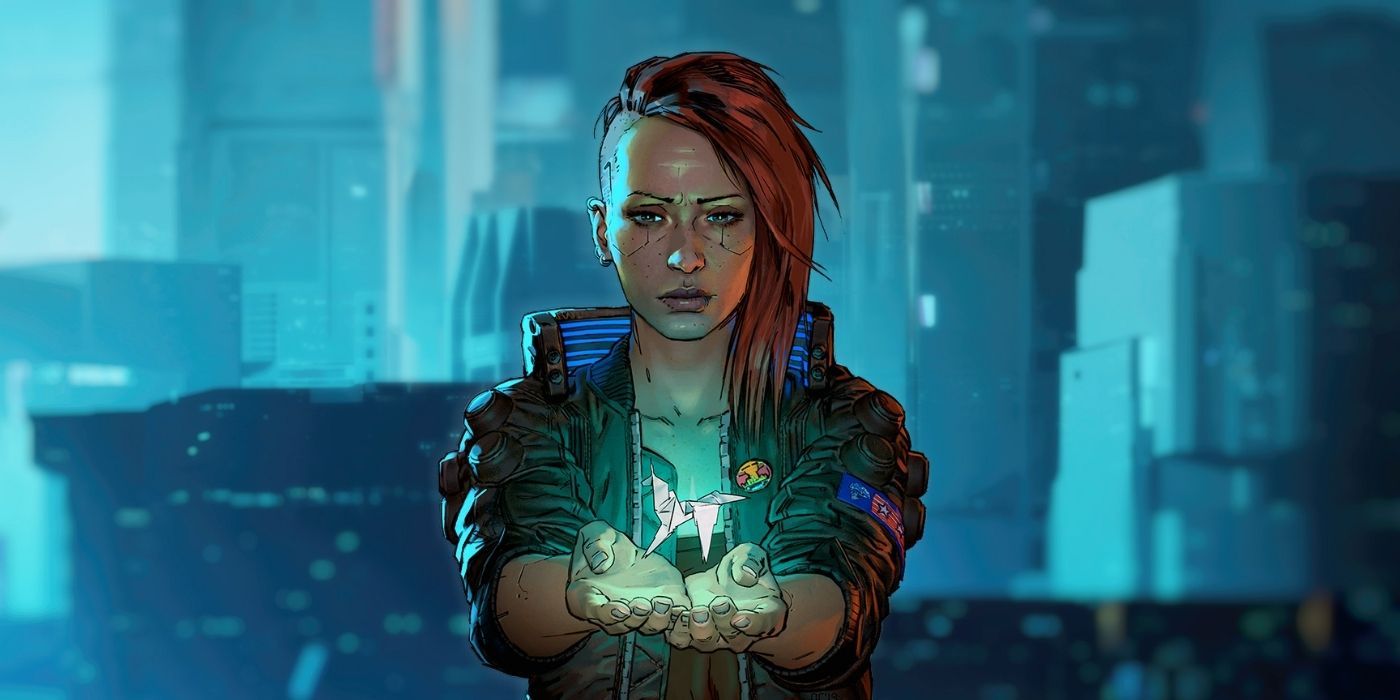 cyberpunk 2077 main character holding an origami unicorn