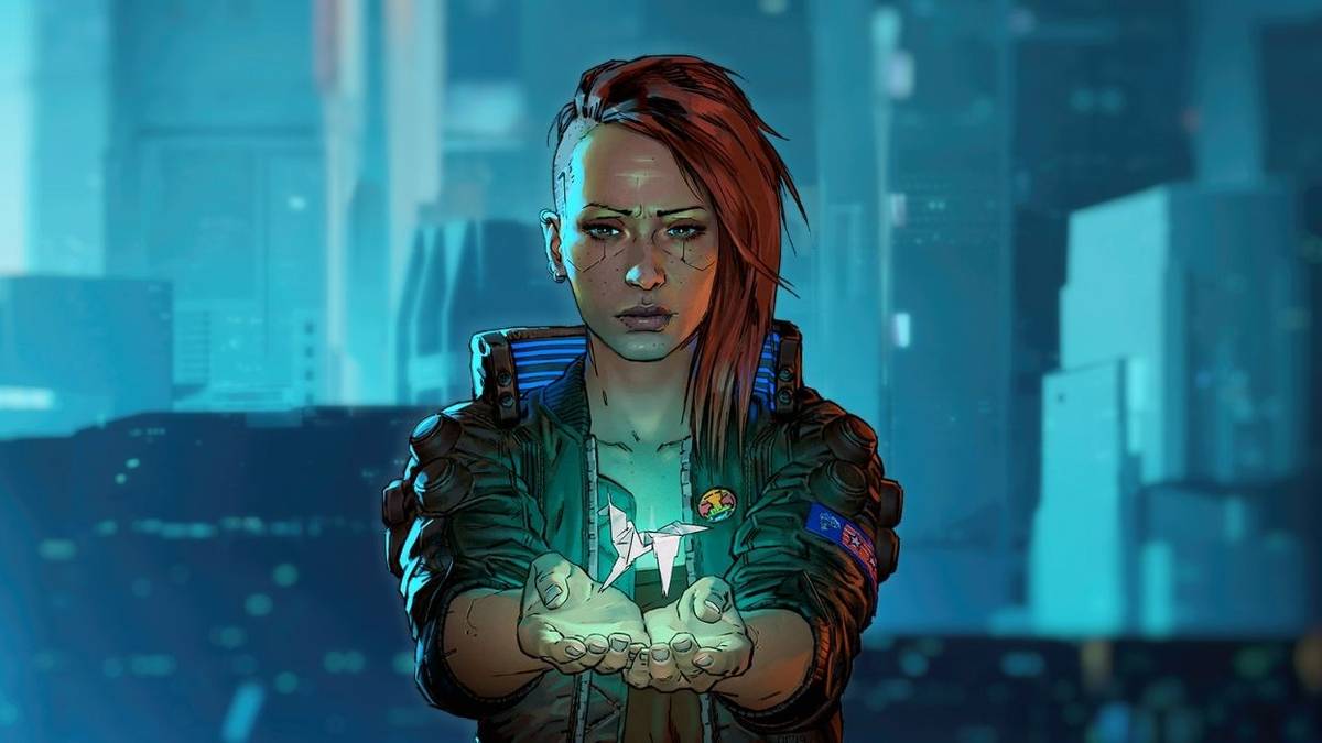 cyberpunk 2077 main character holding an origami unicorn
