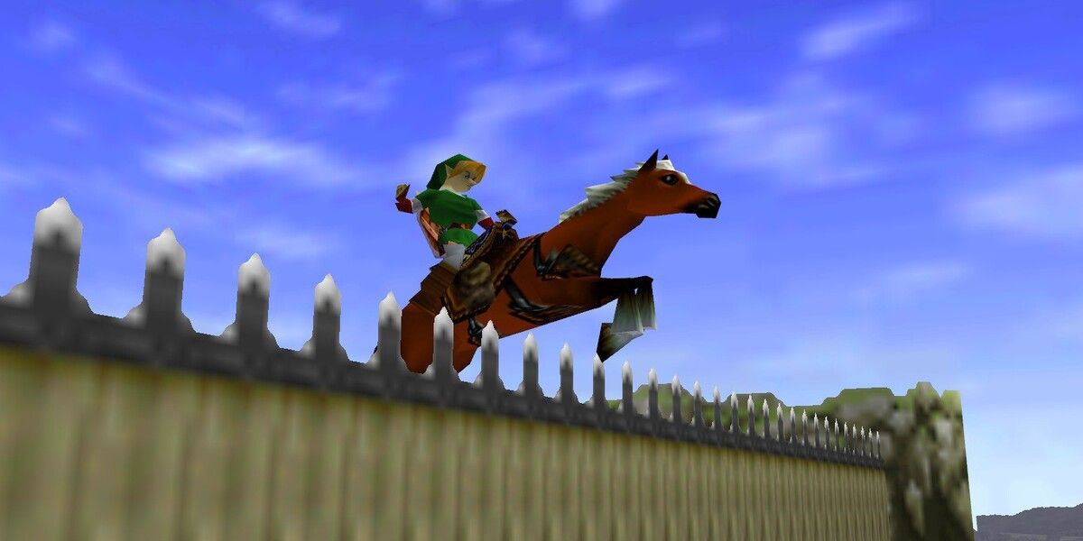 Link on Epona jumping over a fence