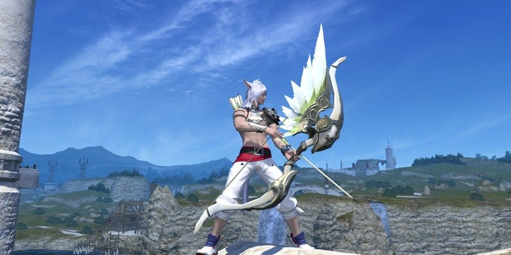Miqo'te holding bow by the sea.
