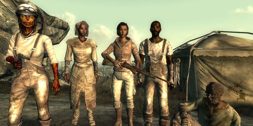a group of humans and ghouls in fallout 3 standing together
