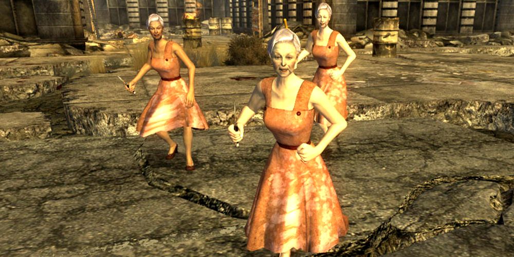 three old women in dresses armed with melee weapons attack the player in fallout new vegas.