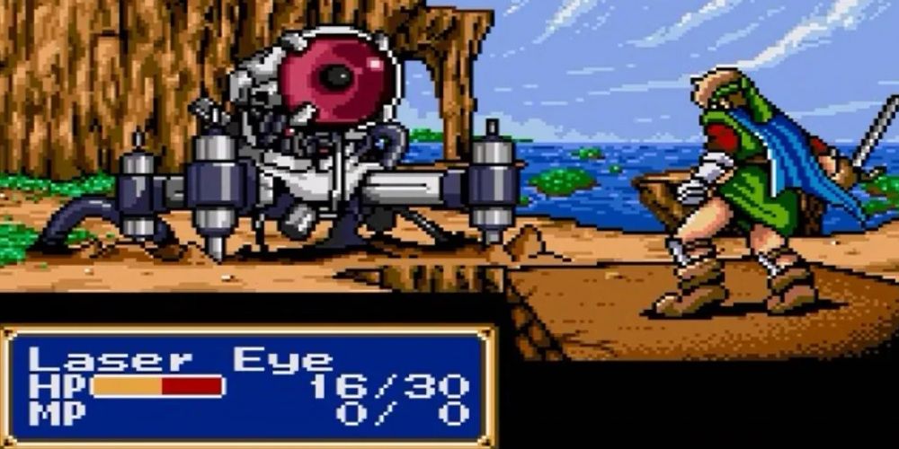Shining Force hero with sword facing off against robot monster