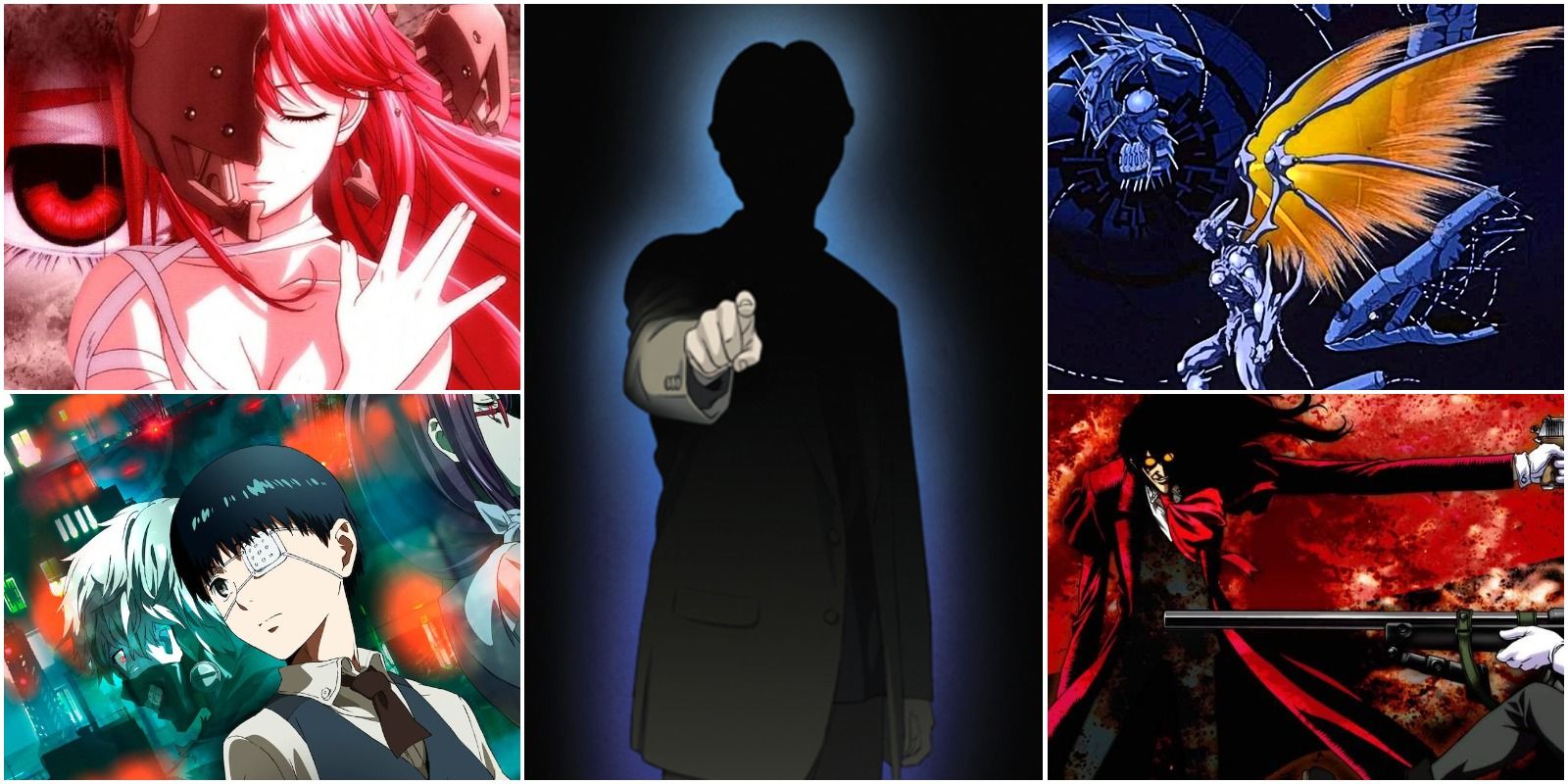 top left: lucy from elfen lied pink background. bottom left: two characters from tokyo ghoul. center: sinister silhouette from monster. top right: monster form of protagonist from genocyber. bottom right: alucard in a red coat from Hellsing ultimate