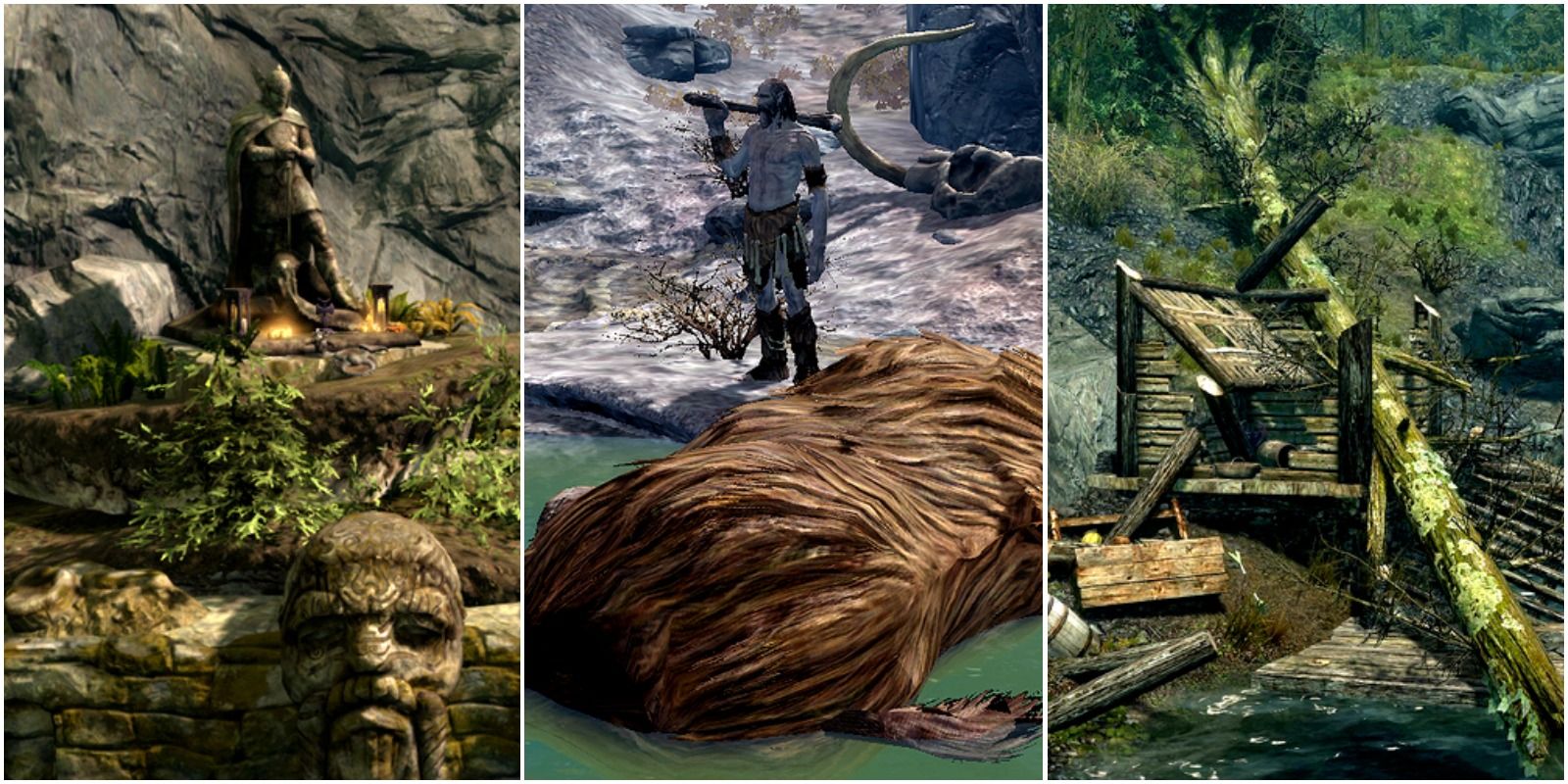 left: shrine of talos. center: giant and mammoth corpse. right: lorenzs broken shack under a fallen tree.